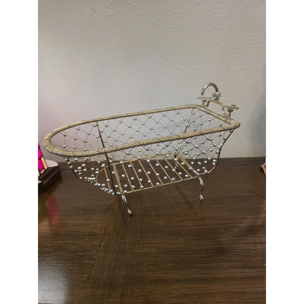 Gold Wire Beaded Clawfoot Bathtub Basket Bathroom Vanity Caddy Towel Soap Holder